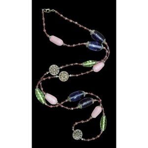 Handmade Vintage Green And Purple Glass Station Necklace
